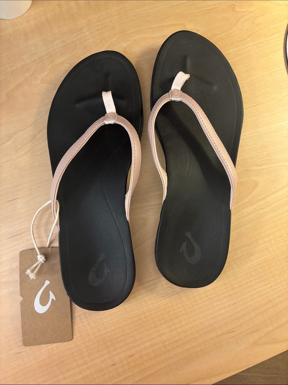 OluKai Black Footbed Sandals with Blush Straps